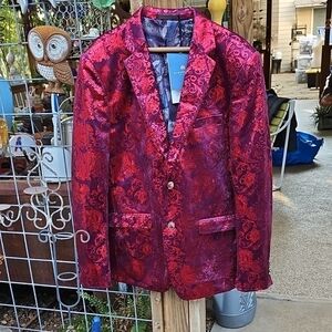 New Tag CLOUDSTYLE Men's XL Red Shiny Purple Floral Jacquard Blazer Jacket